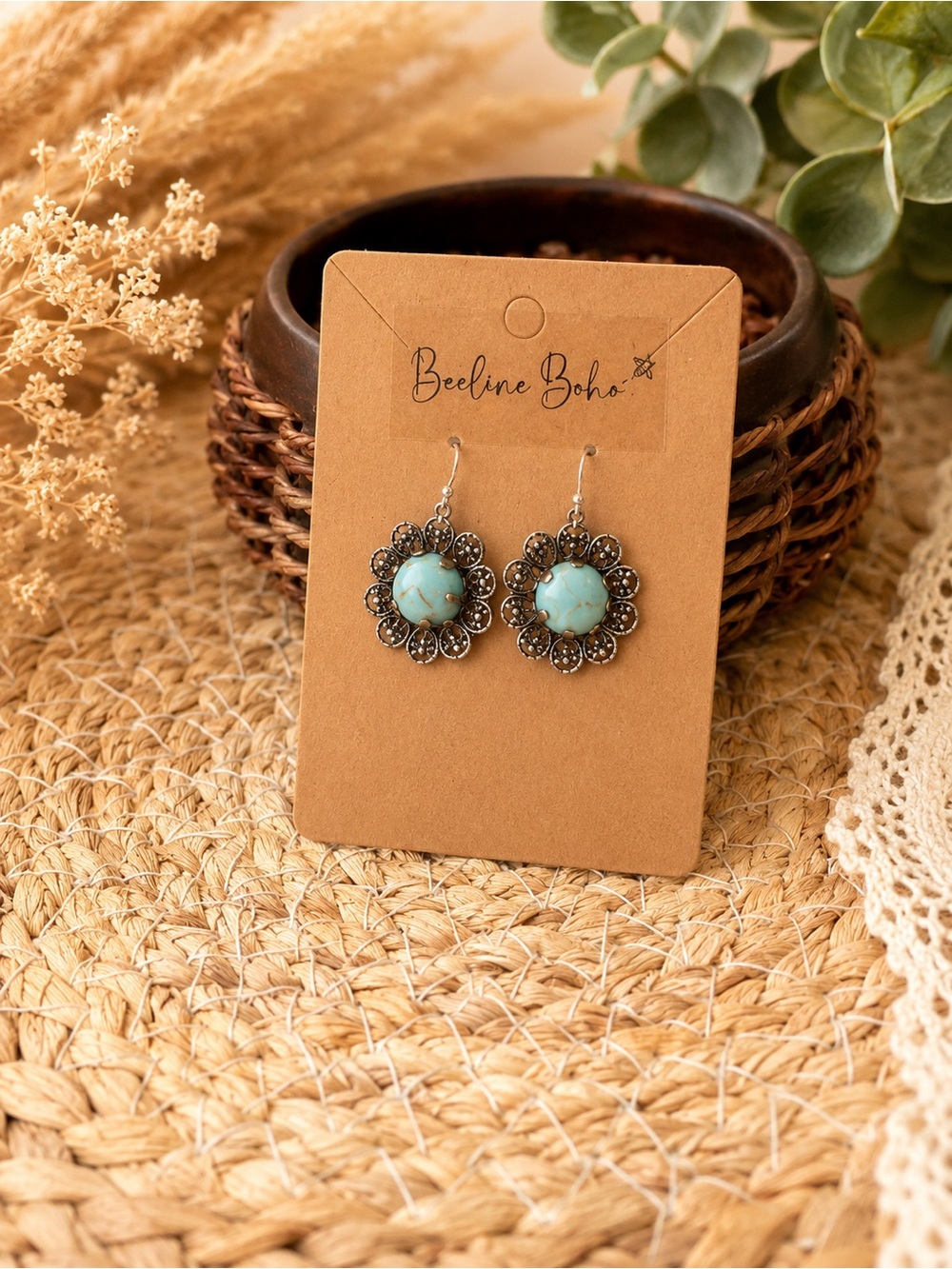 Antique Bronze & Faux Turquoise Earrings | Boho Chic Dangles